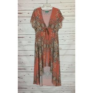 JUDITH MARCH Anthropologie Women's S Small Coral Floral Long Spring Tie Dress